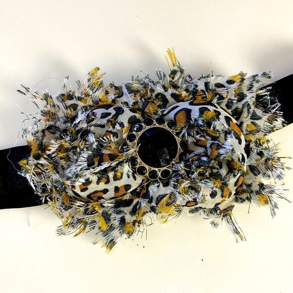 Cheetah Print Frayed Rosettes on Soft Elastic Headband and Rhinestone Center - Picture 2 of 6